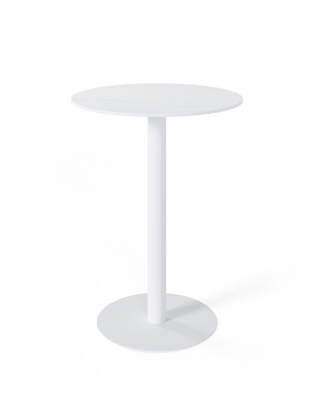 Mesa alta LYA 70x96, tampo em porcelânico branco e base em metal branco