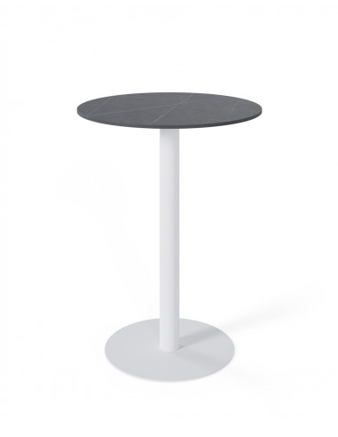 Mesa alta LYA 70x96, tampo em porcelânico cinza e base em metal branco