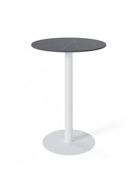 Mesa alta LYA 70x96, tampo em porcelânico cinza e base em metal branco