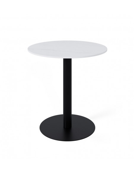 Mesa de cozinha redonda LYA 70x75, tampo em porcelânico branca e base em metal preta