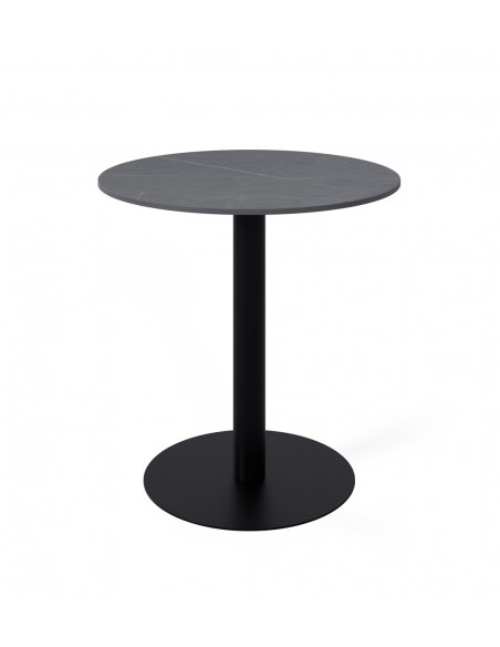 Mesa de cozinha redonda LYA 70x75, tampo em porcelânico cinza e base em metal preta