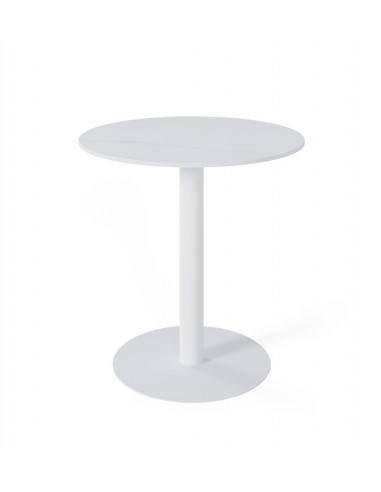 Mesa de cozinha redonda LYA 70x75, tampo em porcelânico branco e base em metal branco