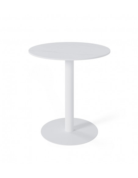 Mesa redonda de cocina LYA 70×75, tapa porcelánica blanca y base metal blanca