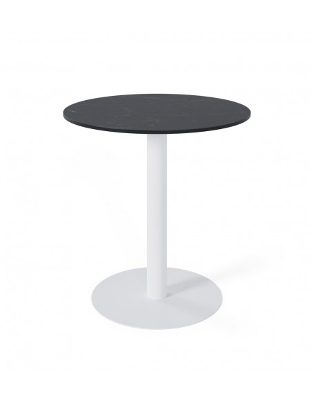 Mesa de cozinha redonda LYA 70x75, tampo em porcelânico preto e base em metal branco