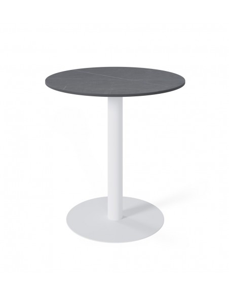 Mesa de cozinha redonda LYA 70x75, tampo em porcelânico cinza e base em metal branco