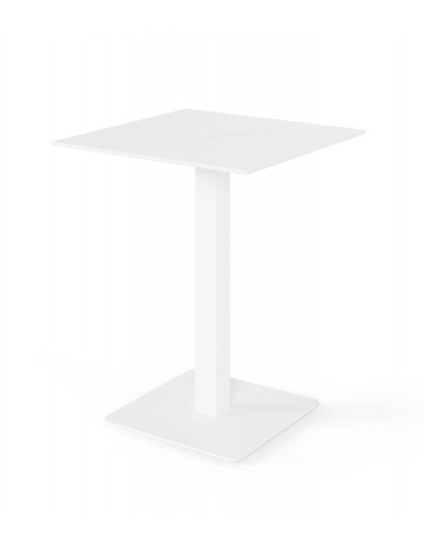 Mesa alta quadrada SAMIRA 70x96, tampo em porcelânico branco e base em metal branca