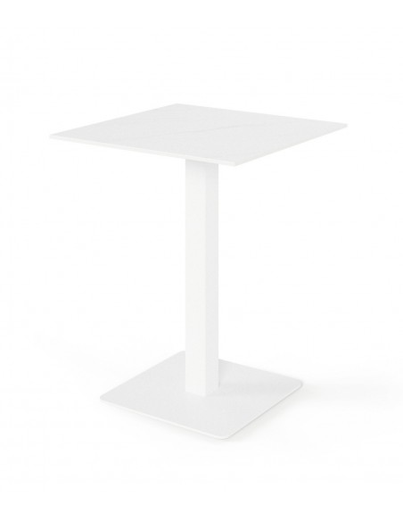 Mesa alta cuadrada SAMIRA 70×96, tapa porcelánica blanca y base metal blanca