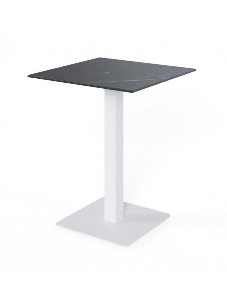 Mesa alta cuadrada SAMIRA 70×96, tapa porcelánica negra y base metal blanca