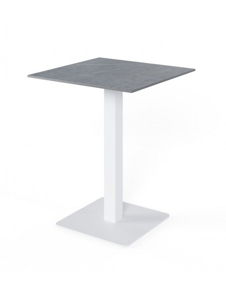 Mesa alta quadrada SAMIRA 70x96, tampo em porcelânico cinza e base em metal branca