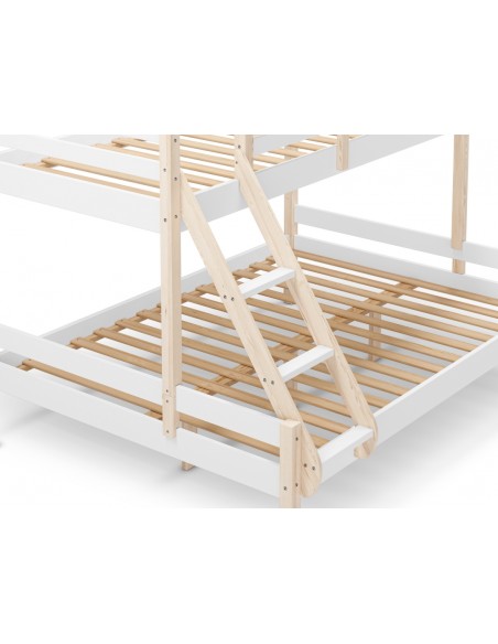 Litera de madera para 3 personas Valhala 90/140 x 190, madera natural y blanco