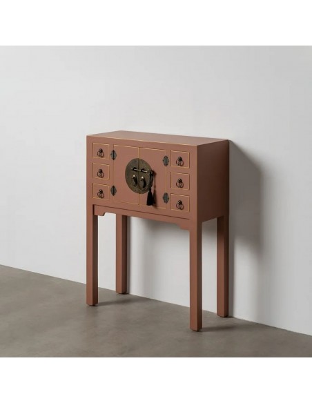 Mesa de Console Oriental SHIAN, 63 x 26, Mocha, 2 Portas e 6 Gavetas