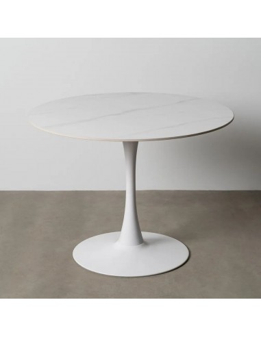 Mesa redonda Oda 100 cm. Porcelânico e metal lacado branco.
