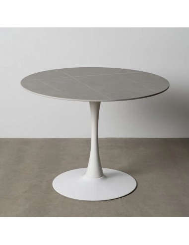 Mesa redonda Oda 100 cm. Porcelânico cinza e metal lacado branco.