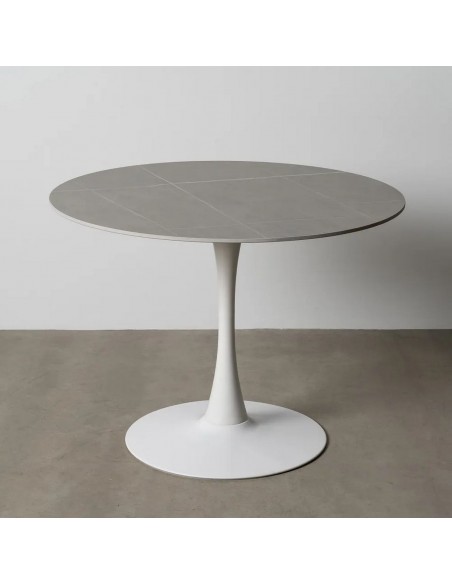 Mesa redonda Oda 100 cm. Porcelánico gris y Metal lacado blanco.