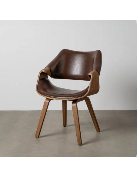 Silla de comedor TOKIO en símil piel marrón y madera curvada color nogal
