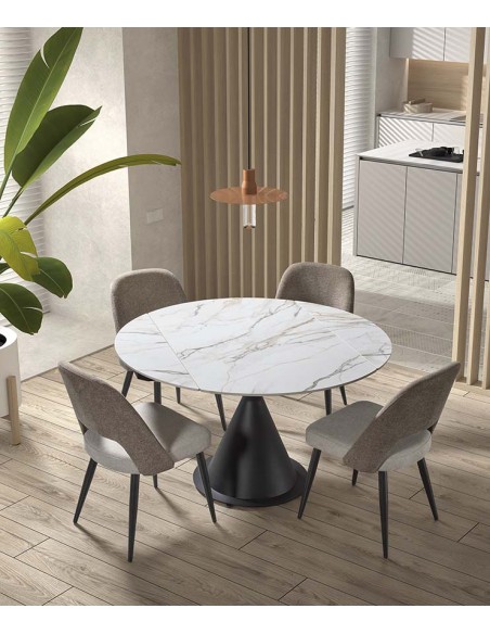 Mesa extensível giratória KORA 80 (130) x 75 (130), porcelânico branca e metal preto
