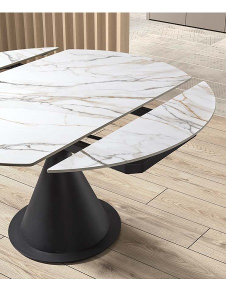 Mesa extensible giratorio KORA 80 (130) x 75 (130), porcelánico blanco y metal negro