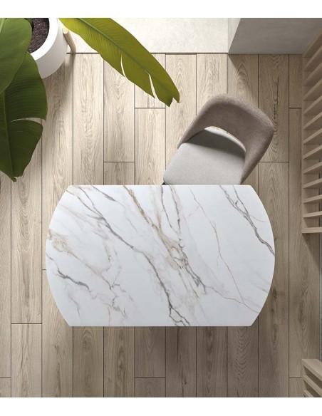 Mesa extensible giratorio KORA 80 (130) x 75 (130), porcelánico blanco y metal negro