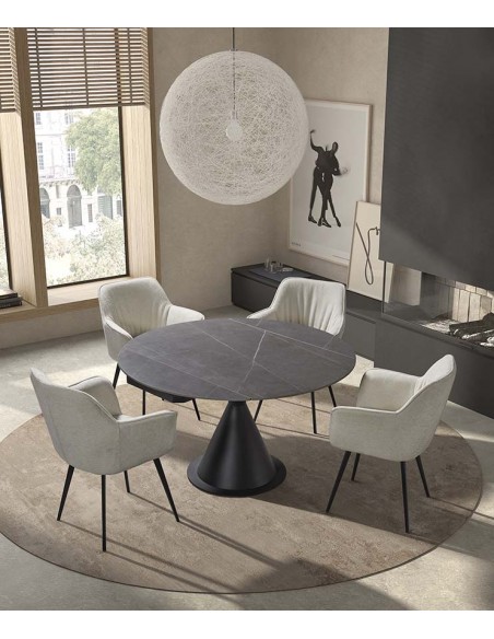 Mesa extensível giratória KORA 80 (130) x 75, porcelânico cinza e metal preto