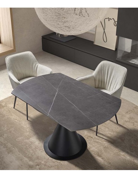 Mesa extensível giratória KORA 80 (130) x 75, porcelânico cinza e metal preto