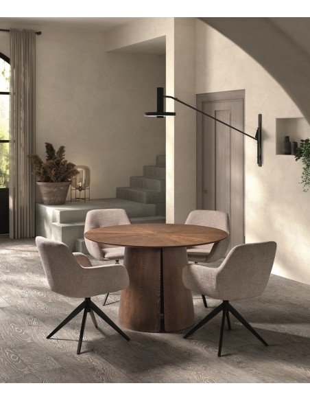 Mesa de jantar redonda Aurora 120 em folheado de carvalho cor nogueira