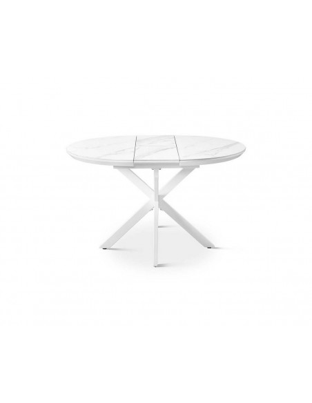 Mesa de comedor redonda extensible LUMINA 100-130 en porcelánico y metal blanco
