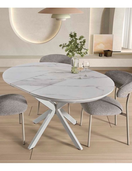 Mesa de comedor redonda extensible LUMINA 100-130 en porcelánico y metal blanco