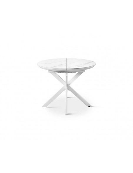 Mesa de comedor redonda extensible LUMINA 100-130 en porcelánico y metal blanco