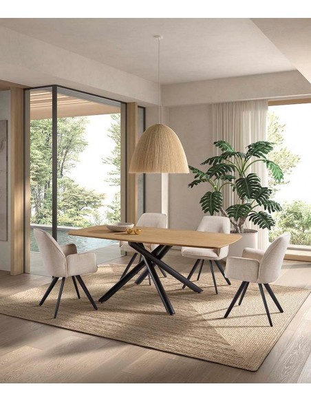 Mesa de comedor BOREAL 200x100 chapado natural y metal negro