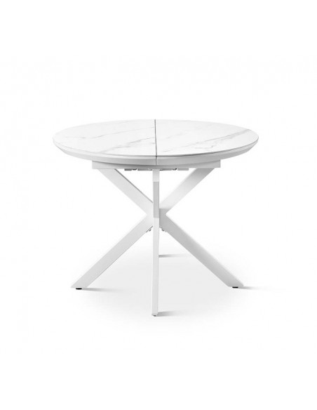 Mesa de comedor redonda extensible LUMINA 100-130 en porcelánico y metal blanco