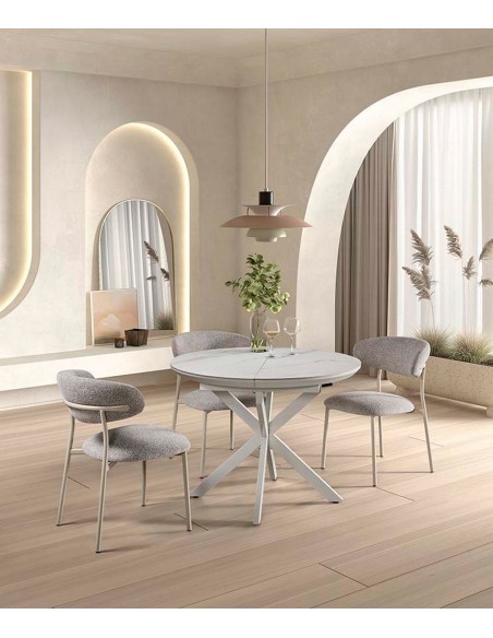 Silla de comedor moderna ELIA en tela gris con patas metálicas gris perla