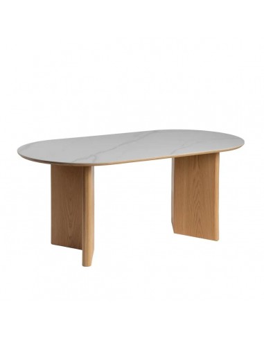 Mesa de jantar Verona 180x90 com tampo em porcelânico efeito mármore branco e base natural