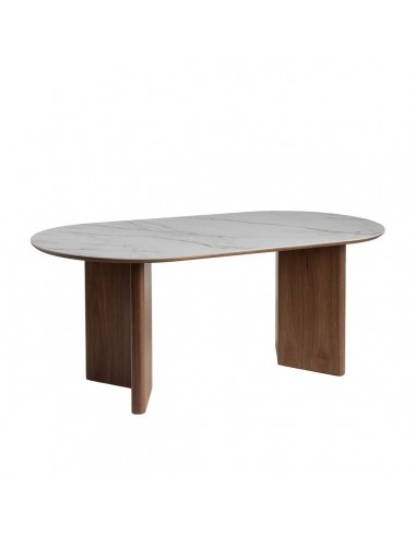 Mesa de jantar Verona 180x90 com tampo em porcelanato efeito mármore branco e base cor nogueira