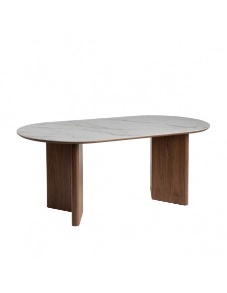 Mesa de comedor Verona 180x90 con tapa porcelana blanca efecto mármol y base color nogal