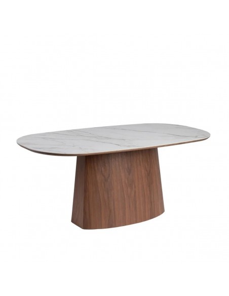 Mesa de comedor SIANA 180x90 con tapa porcelana blanca efecto mármol y base color nogal