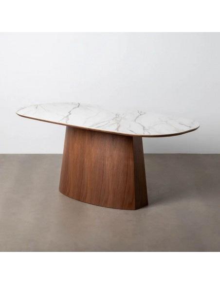 Mesa de comedor SIANA 180x90 con tapa porcelana blanca efecto mármol y base color nogal