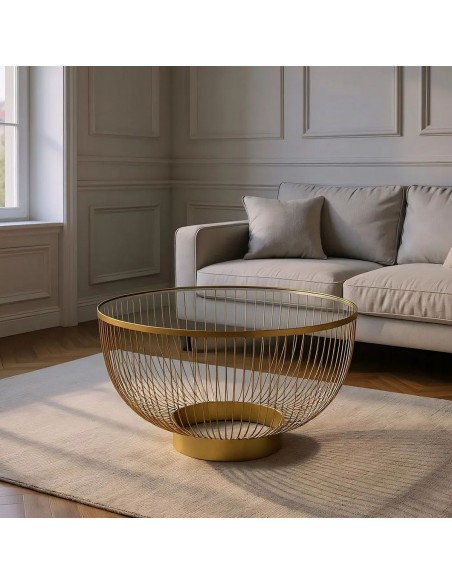 Mesa de centro redonda de luxo DORÉ 75 em metal dourado e vidro