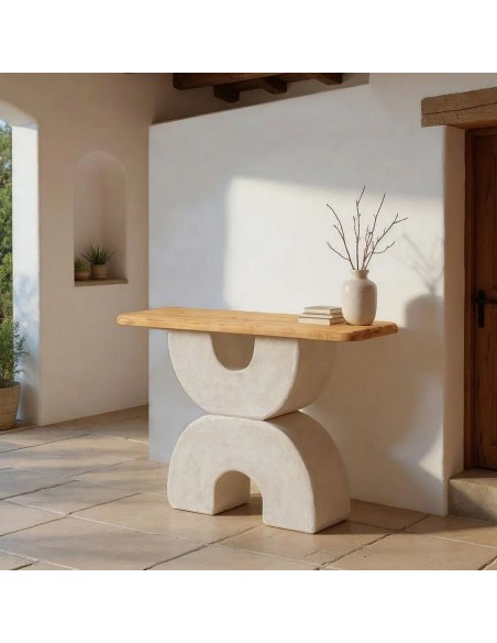 Consola estilo mediterrâneo SCULPTO 120 em madeira natural e MDF branco efeito cimento