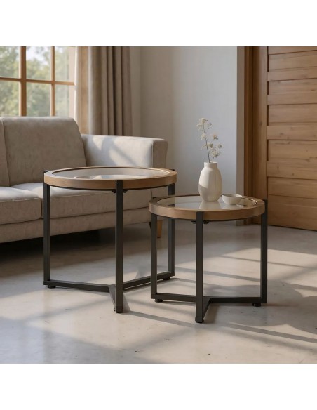 Set de 2 Mesas redondas aux 65 y 50 NIDRA en Madera Natural y metal negro