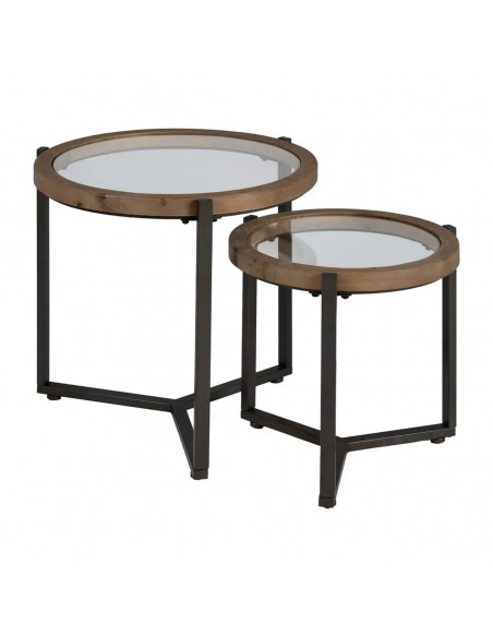 Conjunto de 2 mesas redondas, de 65 e 50, NIDRA em madeira natural e metal preto