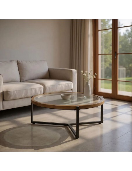 Mesa de Centro redonda de diseño LUNKA 100 en Madera Natural y metal Negro