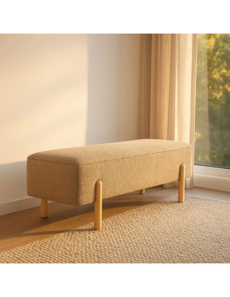 Banqueta Baúl de estilo escandinavo NUBBA 122x42x45 en Tejido Taupe y Madera Natural