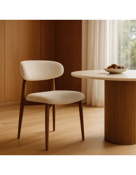 Silla de comedor de diseño LORIA, Tejido Beige y Metal color nogal