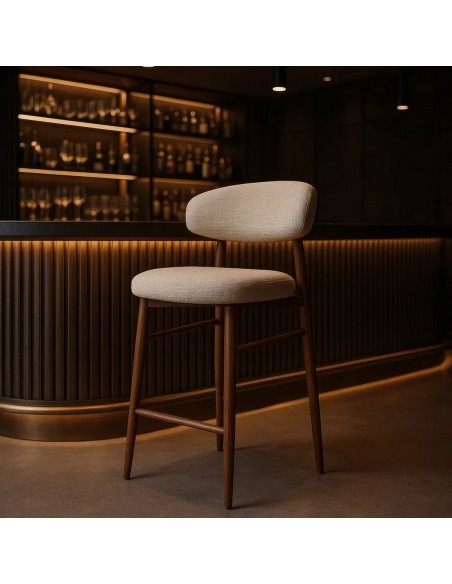 Banqueta de design LORIA 65 cm, tecido bege e metal cor Nogueira