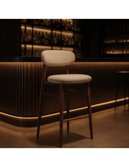 Banqueta de design LORIA 75 cm, tecido bege e metal cor Nogueira