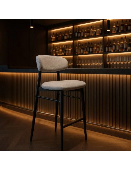 Banqueta de design LORIA 75 cm, tecido cinza e metal cor preto