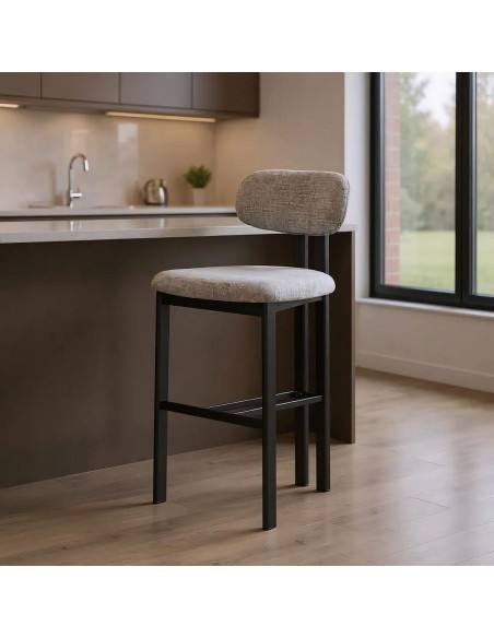 Banqueta de design KOBE 75 cm, tecido cinza e metal cor preto