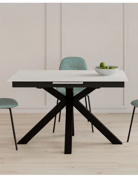 Mesa extensible ARGO 120(150) x 80, porcelánico blanco y metal negro