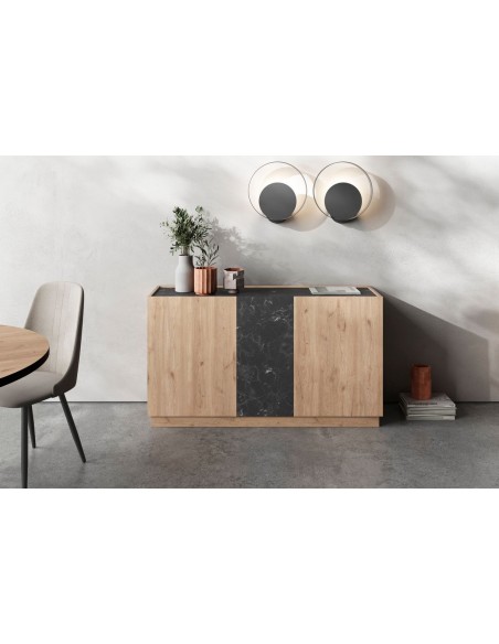 Aparador DIONE 140 x 42, 3 Puertas en Melamina Roble y simil Mármol Negro