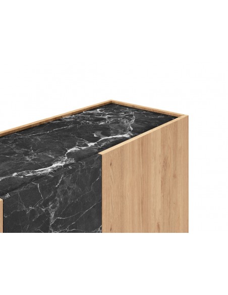 Aparador DIONE 140 x 42, 3 Puertas en Melamina Roble y simil Mármol Negro